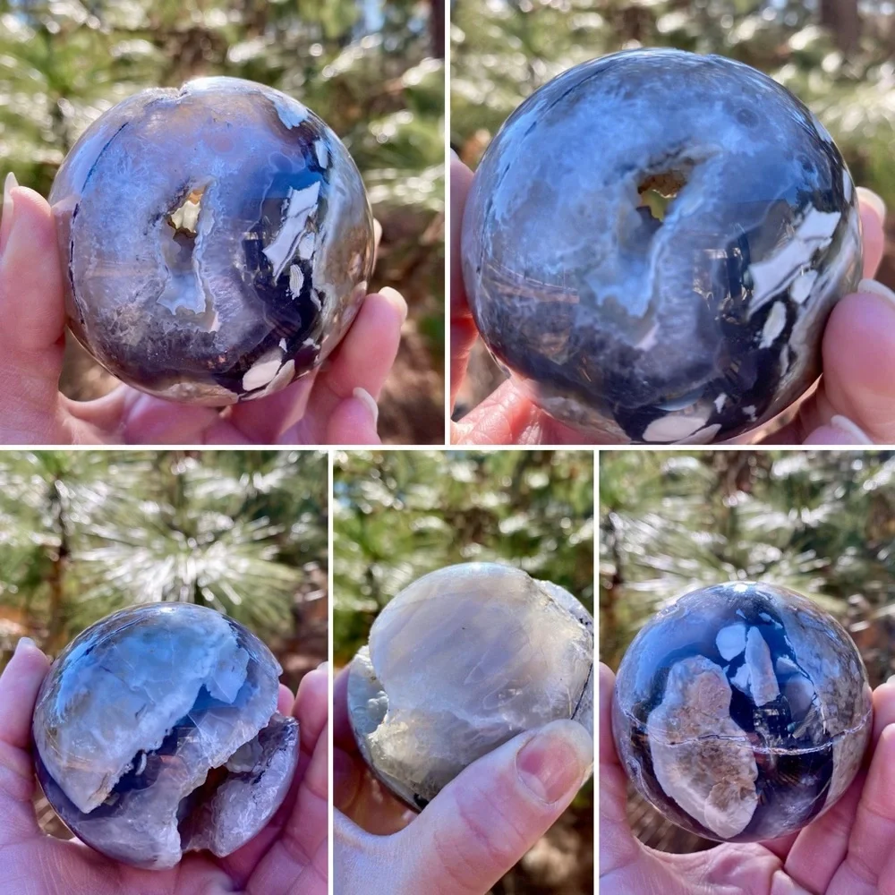 Large HQ Polished UV Reactive Volcano Agate Sphere w/ Wooden Stand - Picture 10 of 16